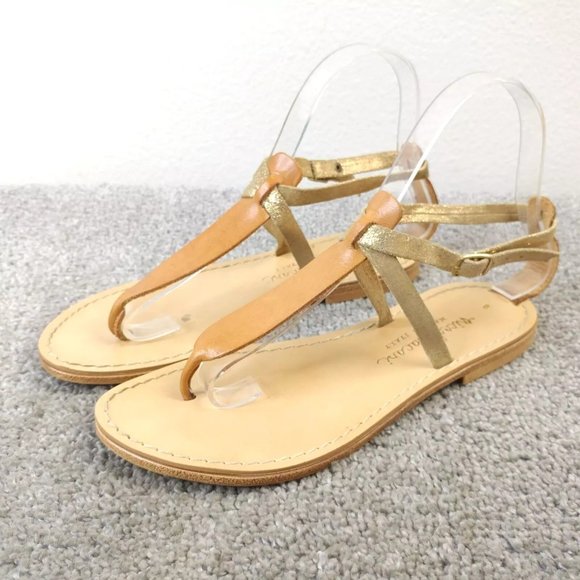 Niccolo Vacari Womens Size 6 T-Strap Sandals Tan Metallic Gold Leather Shoes - Picture 1 of 10
